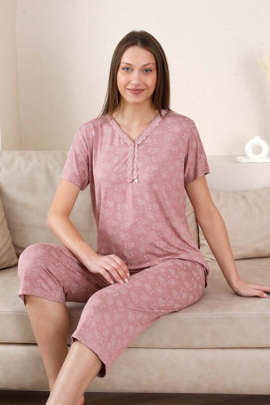 Bermuda Bayan Pijama Takımı - Gülkurusu Çiçek Desen Likralı Viskon 2851B - 4