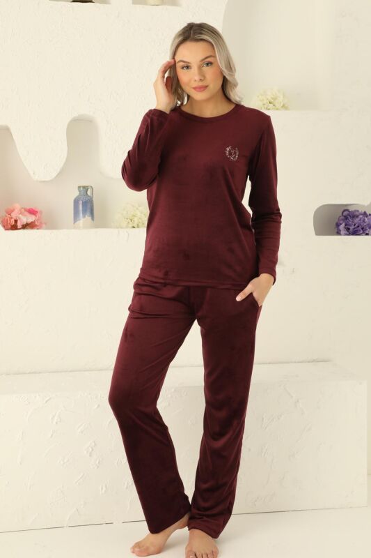 Bordo Süper Soft Kadife Kadın Pijama Takımı 2598UK - 2