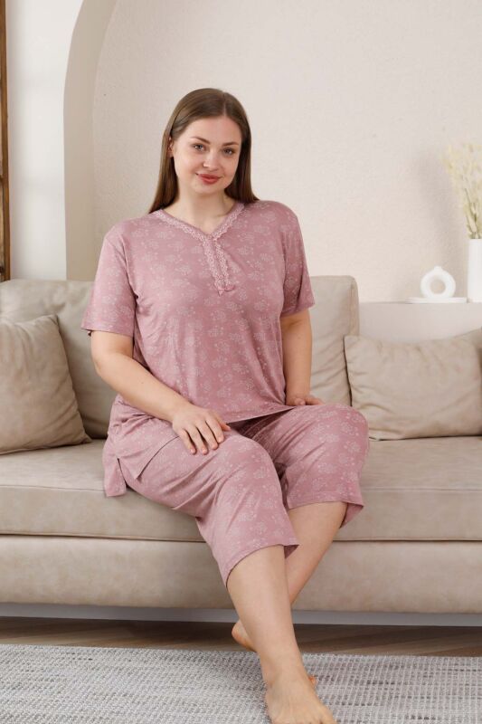 Büyük Beden Bermuda Bayan Pijama Takımı - Gülkurusu Çiçek Desen Likralı Viskon 2851BB - 4