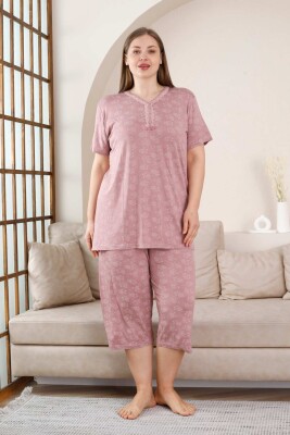 Büyük Beden Bermuda Bayan Pijama Takımı - Gülkurusu Çiçek Desen Likralı Viskon 2851BB - 1