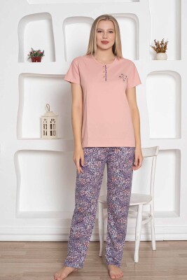 Çiçek Desenli Kadın Pijama Takımı - Pudra Nakışlı Penye Kısa Kollu 2767KY - 4