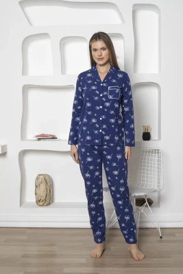  Boydan Düğmeli Kadın Pijama Takımı - Çiçek Desenli İndigo Likralı Penye 2811UKL - 3