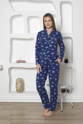  Boydan Düğmeli Kadın Pijama Takımı - Çiçek Desenli İndigo Likralı Penye 2811UKL - 1