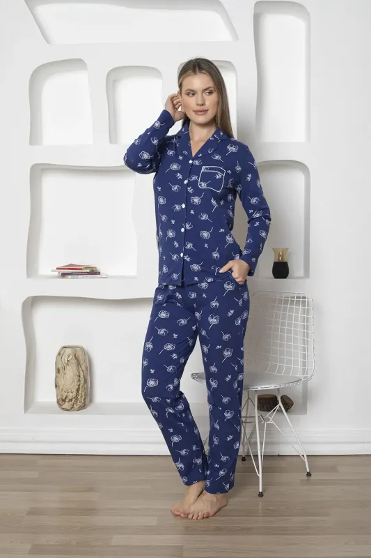  Boydan Düğmeli Kadın Pijama Takımı - Çiçek Desenli İndigo Likralı Penye 2811UKL - 4