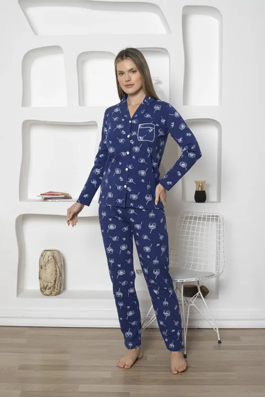  Boydan Düğmeli Kadın Pijama Takımı - Çiçek Desenli İndigo Likralı Penye 2811UKL - 5