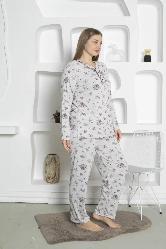 Çiçek Desenli Kadın Pijama Takımı -Büyük Beden Penye 2820UKB - 3