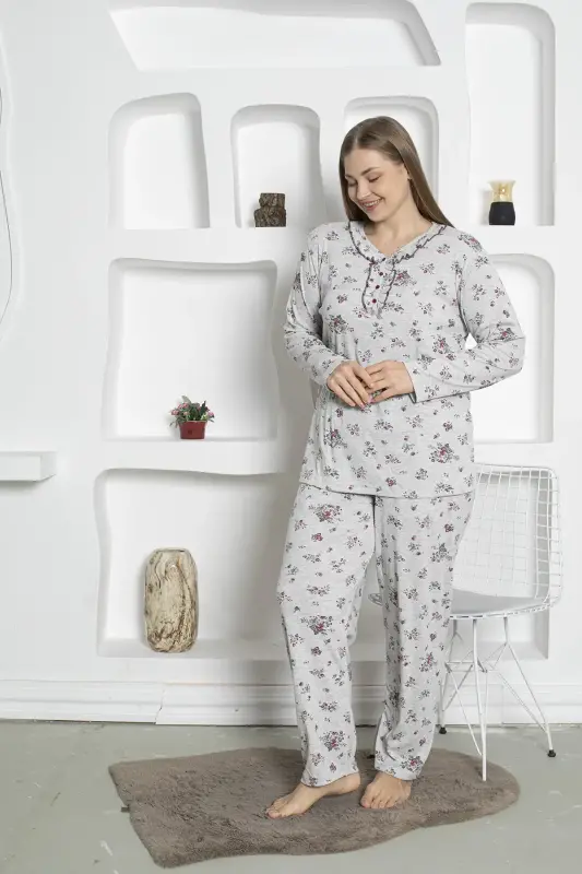 Çiçek Desenli Kadın Pijama Takımı -Büyük Beden Penye 2820UKB - 2