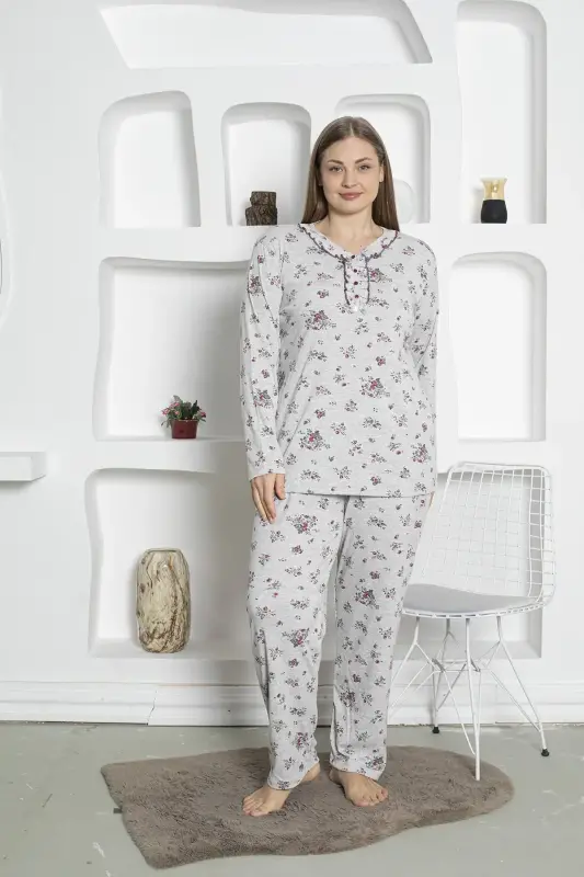 Çiçek Desenli Kadın Pijama Takımı -Büyük Beden Penye 2820UKB - 1