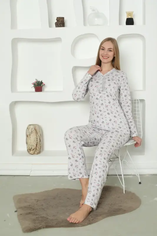 Çiçek Desenli Kadın Pijama Takımı -Dantel Yakalı Uzun Kollu Penye 2822UK - 4