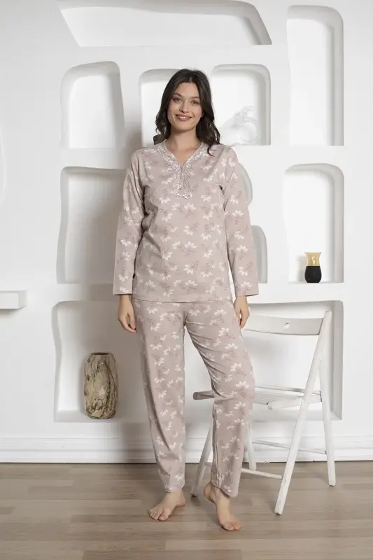 Çiçek Desenli Kadın Pijama Takımı - Uzun Kollu Likralı Penye 2812UKL - 5