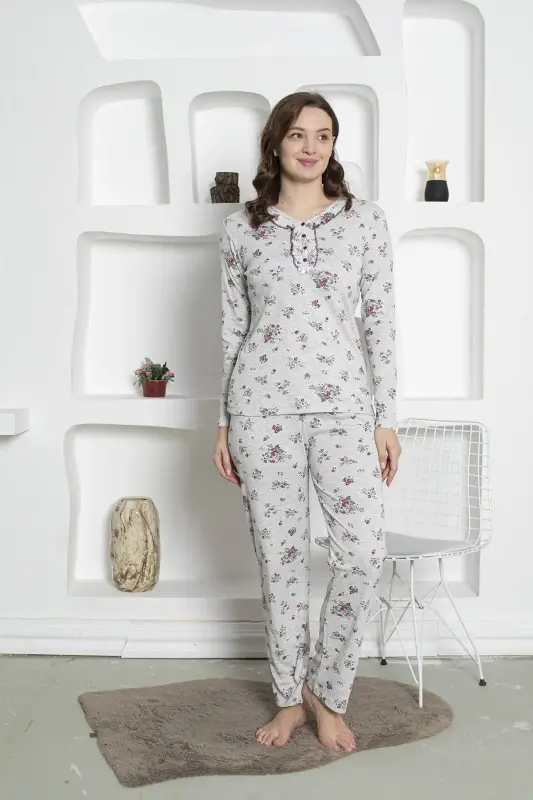 Çiçek Desenli Kadın Pijama Takımı -Uzun Kollu Penye 2820UK - 4