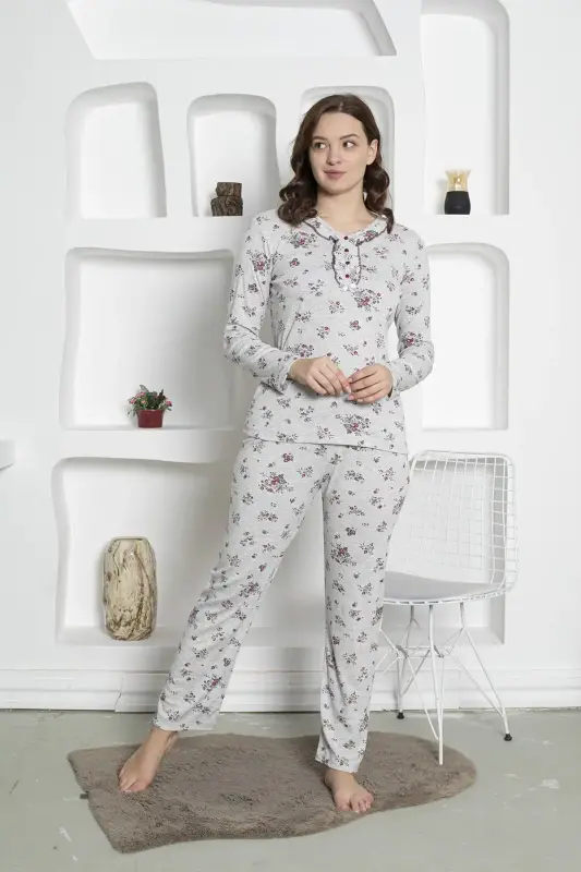 Çiçek Desenli Kadın Pijama Takımı -Uzun Kollu Penye 2820UK - 3