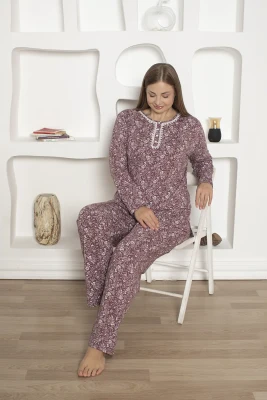 Çiçek Desenli Büyük Beden Kadın Pijama Takımı - Likralı Penye 2809UBKL - 4