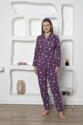  Boydan Düğmeli Kadın Pijama Takımı - Çiçek Desenli Mor Likralı Penye 2811UKL - 3