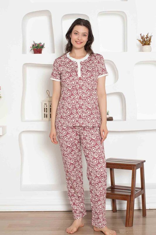 Gül Kurusu Çiçek Desenli Penye Bayan Pijama Takımı 2794KY - 3