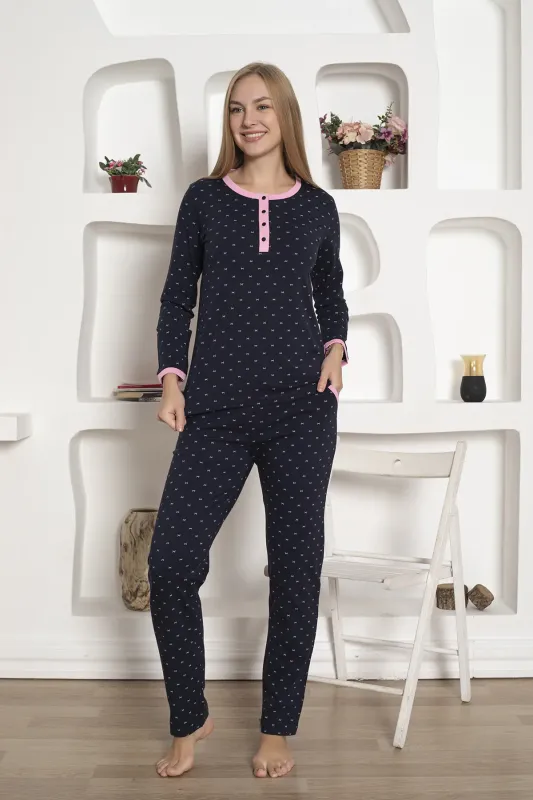 Fiyonk Desenli Kadın Pijama Takımı - Likralı Penye Uzun Kollu 2801UKL - 1