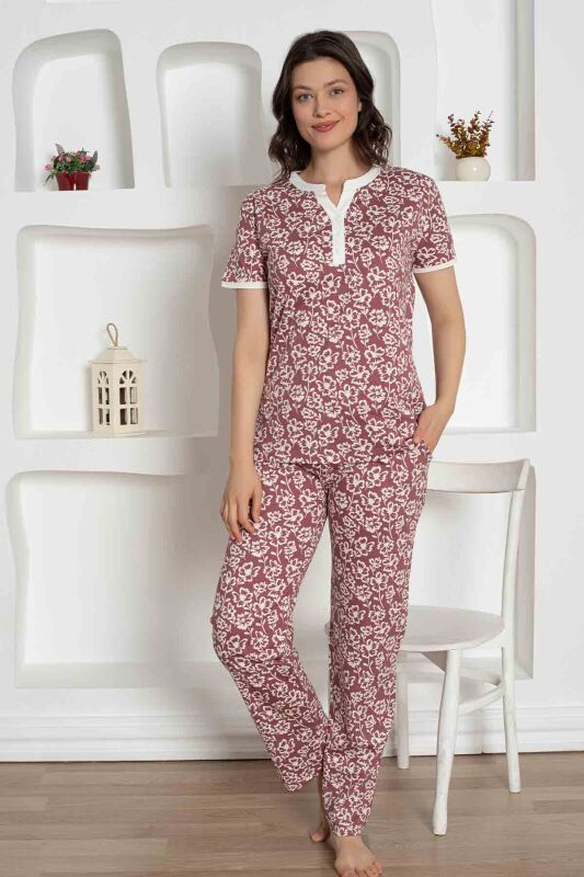 Gül Kurusu Çiçek Desenli Penye Bayan Pijama Takımı 2795KY - 1