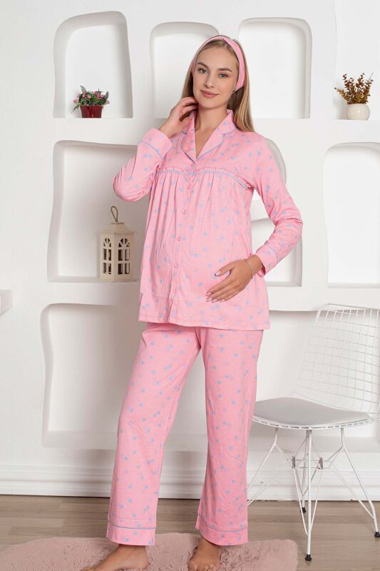 Hamile Lohusa Pijama Takımı - Pembe Kalpli Penye 2796 - 4