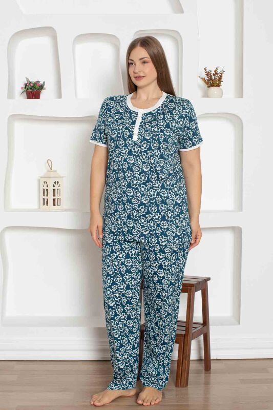 İndigo Çiçek Desenli Büyük Beden Bayan Pijama Takımı 2794KYB - 2