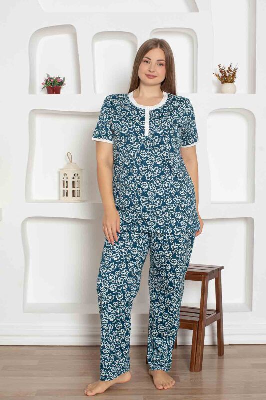 İndigo Çiçek Desenli Büyük Beden Bayan Pijama Takımı 2794KYB - 3