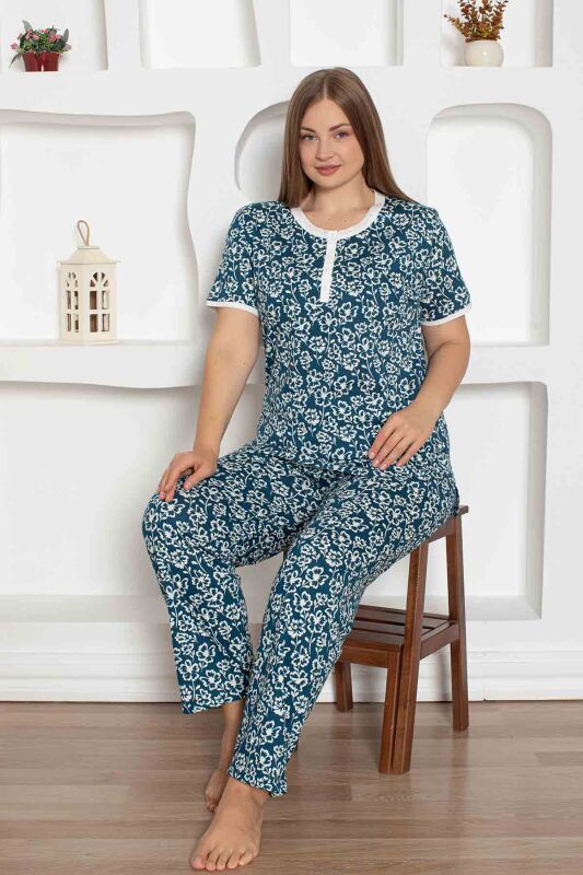 İndigo Çiçek Desenli Büyük Beden Bayan Pijama Takımı 2794KYB - 4