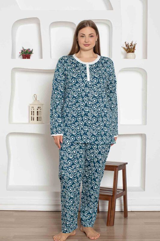 İndigo Çiçek Desenli Büyük Beden Bayan Pijama Takımı 2794UYB - 1