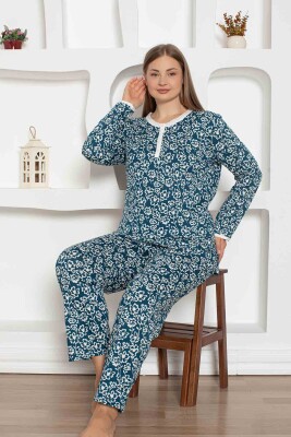 İndigo Çiçek Desenli Büyük Beden Bayan Pijama Takımı 2794UYB - 4