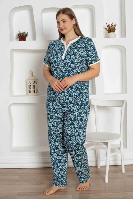 İndigo Çiçek Desenli Büyük Beden Bayan Pijama Takımı 2795KYB - 3