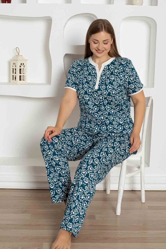 İndigo Çiçek Desenli Büyük Beden Bayan Pijama Takımı 2795KYB - 4