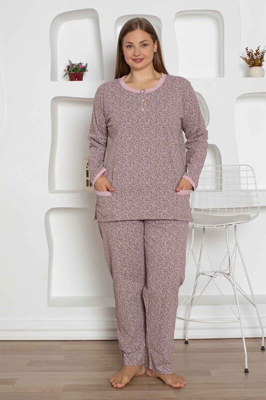 Kahverengi Cepli Büyük Beden Bayan Pijama Takımı 2798UYB - 1