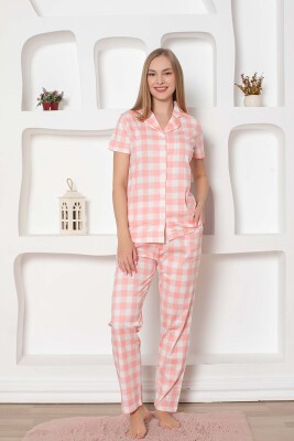 Pembe Kareli Önden Düğmeli Kısa Kollu Bayan Pijama Takımı 2793KY - 3