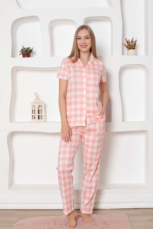 Pembe Kareli Önden Düğmeli Kısa Kollu Bayan Pijama Takımı 2793KY - 3