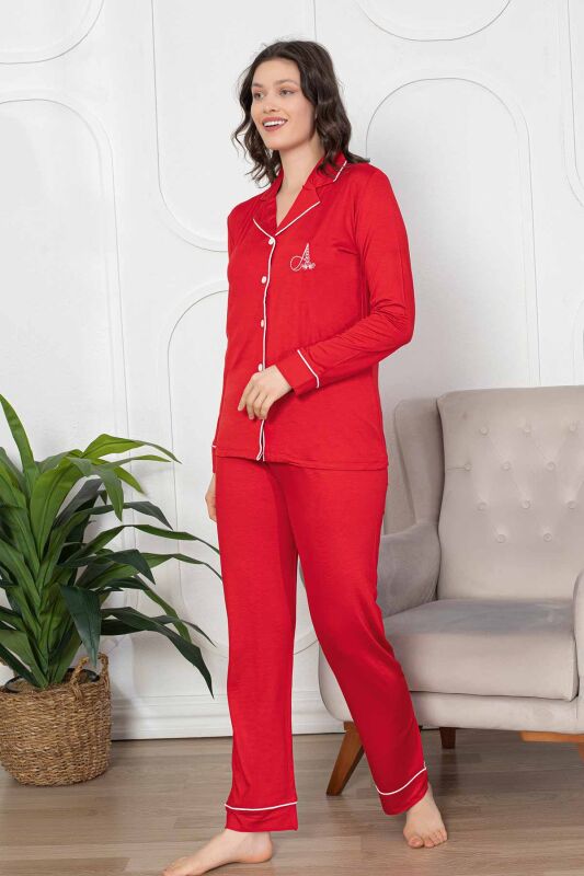 Kırmızı Önden Düğmeli Likralı Bayan Pijama Takımı 2782UY - 2
