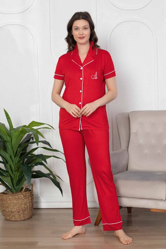 Kırmızı Önden Düğmeli Likralı Bayan Pijama Takımı 2782KY - 1