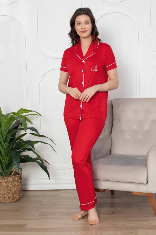 Kırmızı Önden Düğmeli Likralı Bayan Pijama Takımı 2782KY - 2
