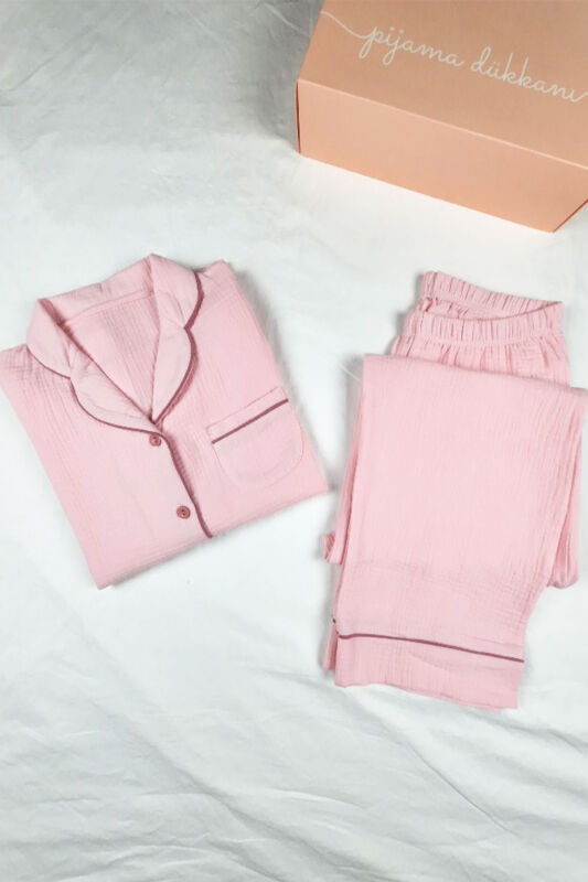 Krinkıl Boydan Düğmeli Kadın Pijama Takımı - Pembe müslin penye 2815UK - 3