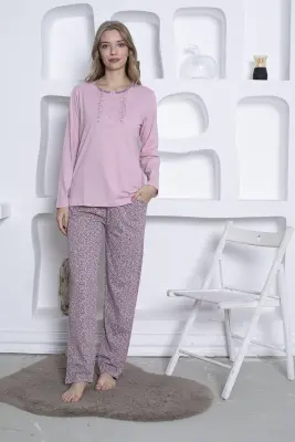 Nakış Detaylı Kadın Pijama Takımı - Gülkurusu Uzun Kollu Penye 2818UK - 3