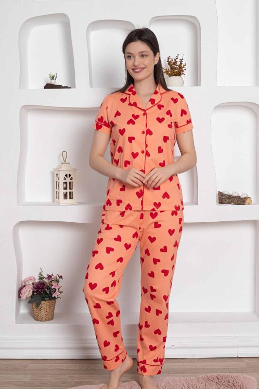 Önden Düğmeli Kalp Desenli Bayan Pijama Takımı 2783KY - 1