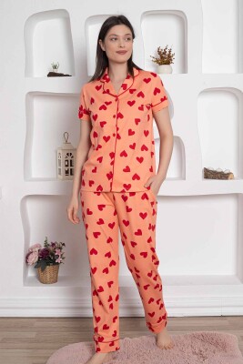 Önden Düğmeli Kalp Desenli Bayan Pijama Takımı 2783KY - 3