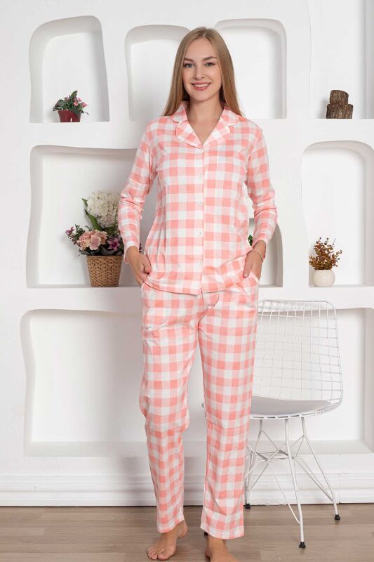 Pembe Kareli Önden Düğmeli Uzun Kollu Bayan Pijama Takımı 2793UY - 4