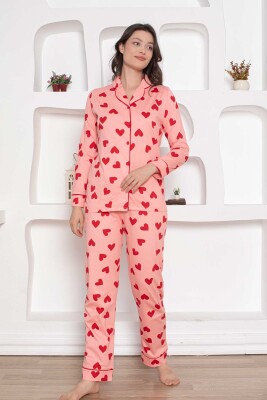 Pembe Önden Düğmeli Kalp Desenli Bayan Pijama Takımı 2783UY - 4