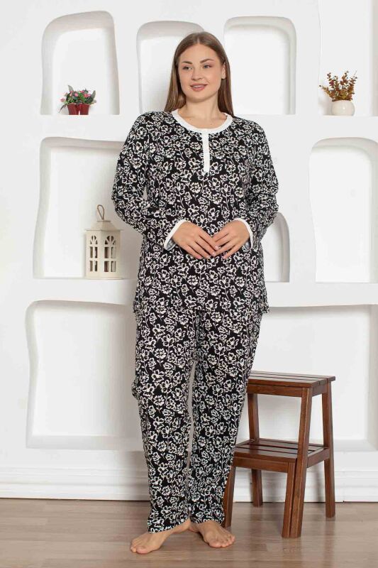 Siyah Çiçek Desenli Büyük Beden Bayan Pijama Takımı 2794UYB - 3