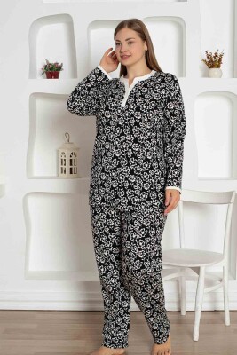 Siyah Çiçek Desenli Büyük Beden Bayan Pijama Takımı 2795UYB - 3