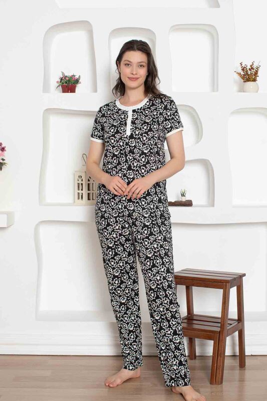 Siyah Çiçek Desenli Penye Bayan Pijama Takımı 2794KY - 3