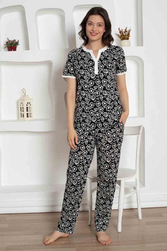 Siyah Çiçek Desenli Penye Bayan Pijama Takımı 2795KY - 1