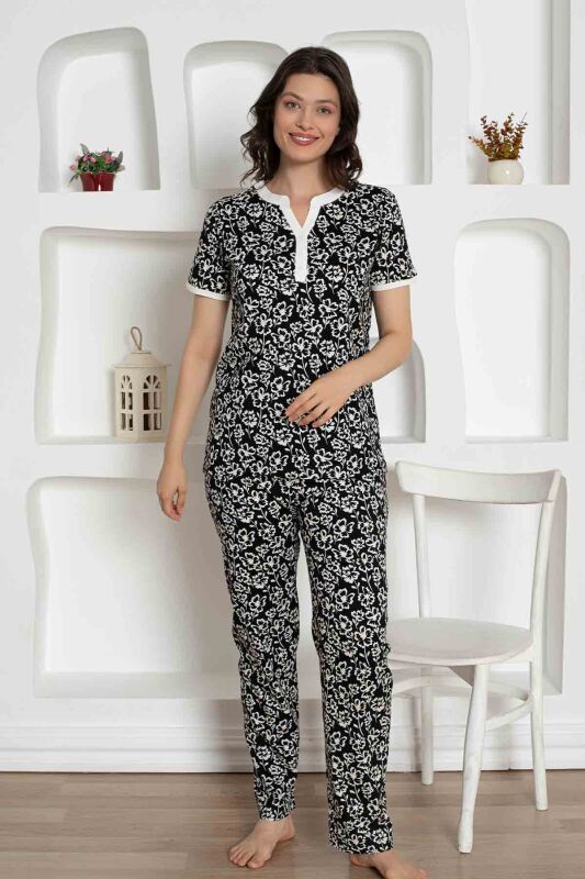 Siyah Çiçek Desenli Penye Bayan Pijama Takımı 2795KY - 2