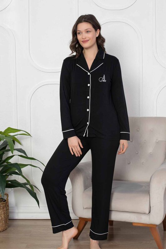 Siyah Önden Düğmeli Likralı Bayan Pijama Takımı 2782UY - 1