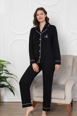 Siyah Önden Düğmeli Likralı Bayan Pijama Takımı 2782UY - 3